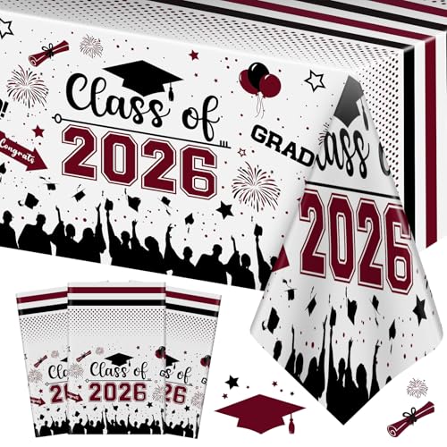 Graduation Decorations Class of 2026 Tablecloth - 3 Pcs Plastic Congrats Grad Table Cloth, Graduations Table Cover for Graduation Party Decorations 2026 and Party Supplies, 54"x108" (Maroon and Black) - color: Marron and Black