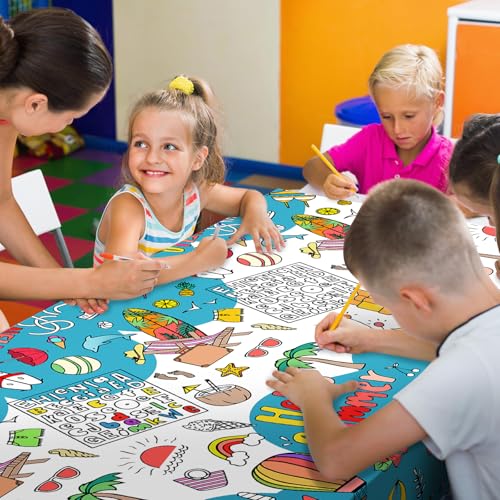 Giant Hello Summer Party Coloring Tablecloth for Kids - Huge Summer Theme Table Cover Large Watermelon Ice Cream Painting Poster for Children Birthday Party Supplies 54x108 Inch - color: Hello Summer