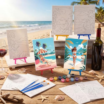 Blosssound 10 Set Pre Printed Canvas Pre Drawn Canvas Painting with Easel Kits 5" x 7" Outline Painting Panels for Beginners, DIY Craft Project, Party Favor, Home Decors(Hawaii Women) - style: Hawaii Women