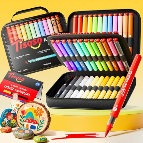Tisoso 48 Colors Acrylic Paint Markers Brush Tip with Automatic Ink Control | Water-Based Paint Pens with Canvas Bag,Waterproof Acrylic Markers for DIY Art & Crafts -Rock, Wood, Fabric,Glass, Metal - color: 48 Colors