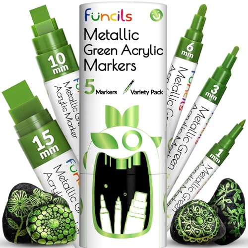 5 Green Paint Markers - Metallic Acrylic Pen for Rock Painting | Extra Fine Tip, Thin & Jumbo (1mm, 3mm, 6mm, 10mm, 15mm) - Permanent Marker for Fabric, Metal, Plastic, Canvas, Wood, Glass - color: Metallic Green