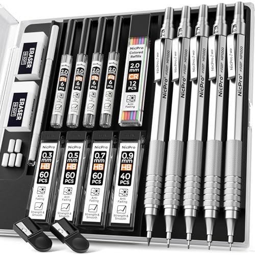 Nicpro Metal Mechanical Pencil Set 5 PCS Art Drafting Pencils For Sketching - color: Silver, style: 0.3 0.5 0.7 2.0