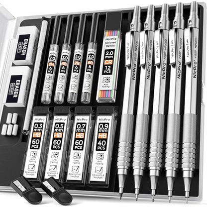 Nicpro Metal Mechanical Pencil Set 5 PCS Art Drafting Pencils For Sketching - color: Silver, style: 0.3 0.5 0.7 2.0