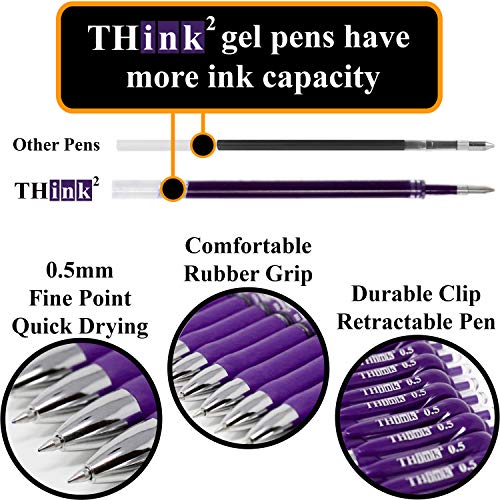 [24 Pens - Purple Ink] Think2 Retractable Gel Pens. (24 Purple) Fine Point (0.5mm) Rollerball Pens with Comfort Grip. - color: Purple