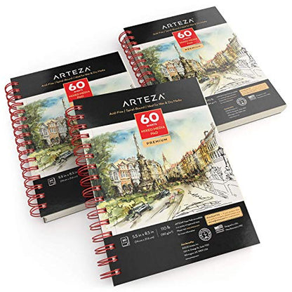 ARTEZA Mixed Media Sketchbook, 5.5 x 8.5 Inches, Pack of 3, 60 Sheets Each, Micro-Perforated Spiral-Bound Paper Pad for Wet and Dry Media - size: 5.5"x8.5" (Pack of 3)