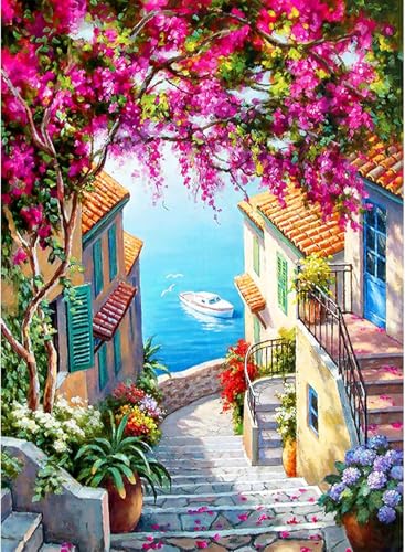 Seaside Town Diamond Art Kits for Adults Diamond Painting Kits for Adults | 5D Diamond Dots Gem Art Crafts with Tools,Round Full Drill Funny Crafts for Home Wall Decor&Gift-12x16inch - color: DP02257, size: Round diamond painting