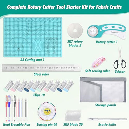 Rotary Cutting Mat and Tools Set, Audab 45mm Fabric Cropping Cutter Wheel with A3 Self Healing Sewing Mat, Blades, Quilting Ruler and Clips, Crafts Knife for Shirt Cloth Patchworking Scrapbooking