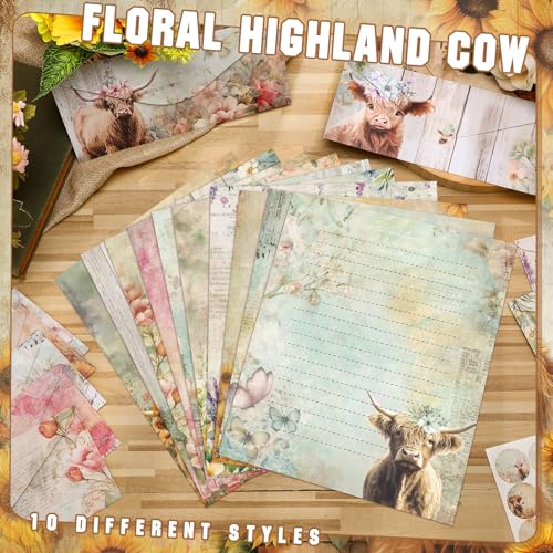 TaoBary 160 Pcs Floral Highland Cow Stationery Paper and Envelopes Set 50 Double Sided Lined Stationery Paper with 50 Envelopes and 60 Round Dot Sticker 8.5 x 11'' Letter Writing Kit, 10 Design - size: 8.5 x 11 Inch, style: Floral Highland Cow