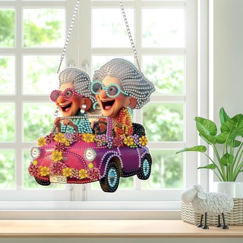 Funny Diamond Art Hanging Kits for Adults, Diamond Art Suncatchers Fun Senior Ladies, 5D Special Shape Diamond Painting Pendant Window Ornament Gifts for Home Wall Door Garden Decor - color: Fun Senior Ladies