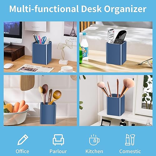 Pen holder,square pen cup, Metal pen pencil holder, desktop pencil cup stationery organization office desktop accessories, suitable for office, school, home and stationery supplies. (blue) - color: Blue