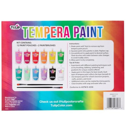 TULIP Washable Tempera Paint Pouches 12-Pack, Art & Craft Supplies, Non-Toxic, Quick Dry Paint, Easy Squeeze for Kids, 12 Rainbow Colors, 6+