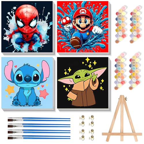 4 Pack Cartoon Paint by Numbers for Kids with Framed Canvas - Wooden Easel - color: BKH1254+BKH1255+BKH1256+BKH1257