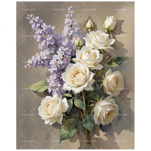 Floral Still Life Paint by Numbers Kit for Adults - DIY White Roses and Lilacs Bouquet Painting on Canvas 8x12In, Framed Acrylic Paint Set, Suitable for Beginners, Botanical Art for Decoration - color: FM05147, size: 8×12in Framed