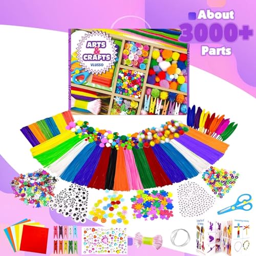 VLUSSO 3000Pcs DIY Arts and Crafts Supplies Kit for Kids - Kids Craft Kits Art Supplies Material Set with Pipe Cleaner All in 1 Crafts Activity Gifts Toys for Girls Boys Age 4-6, 6-8, 8-12 Years - size: 3000pcs
