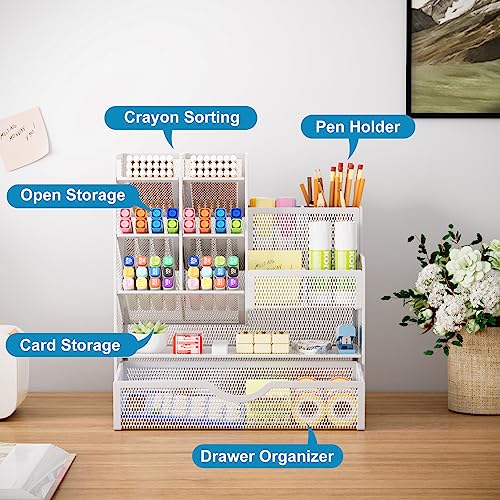 Marbrasse Mesh Pen Holder for Desk, Multi-Functional Pencil Organizer with Drawer, Desk Organizers and Accessories for Office Art Supplies (White) - color: White