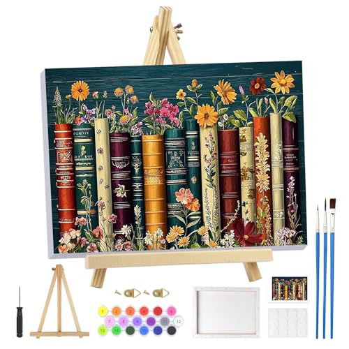 MOGTAA Book Paint by Numbers Kit for Adults Beginners with Frame, Flowers Landscape Adult Paint by Number Kits on Canvas with Easel, Easy DIY Oil Painting Kits for Home Decor, 8x12in - color: Book