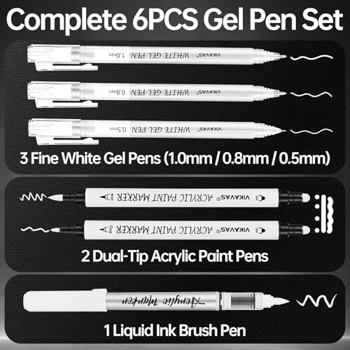 6PCS White Gel Pens for Dark Paper – 3 Fine Gel Pens (1.0mm, 0.8mm, 0.5mm) + 2 Dual-Tip Acrylic Paint Pens + 1 Liquid Ink Brush Pen for Adult Artists Journaling, Illustration, Lettering - style: 6 sizes