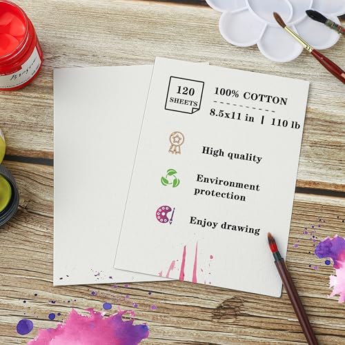 Silunkia 120 Sheets 100% Cotton Watercolor Paper 8.5 x 11 Painting 140lb - size: 8.5 x 11