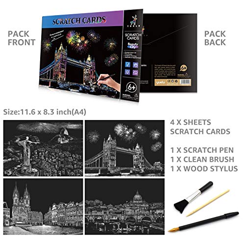 4-Sheet Rainbow Scratch Art with Tools for Adults & Teens, A4 Landmarks - color: Scenic Spots