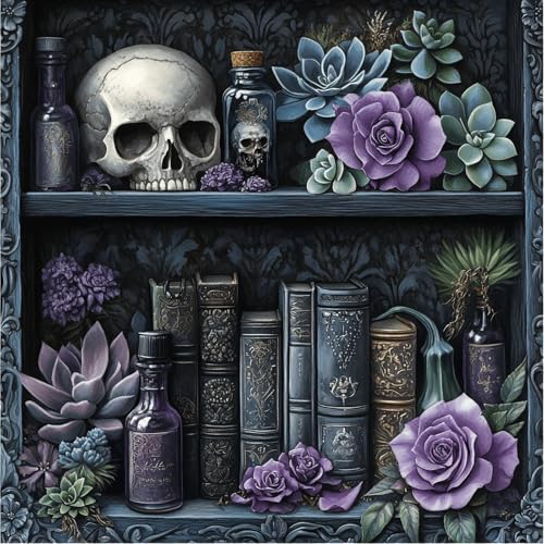 Diamond Painting Kit for Adults,5D Full Drill Gothic Skull Diamond Art | DIY Purple Rose Vintage Shelf Paint by Diamonds Dot Gem Art for beginners,Home Wall Decor 12x16Inch - color: KM1199-1