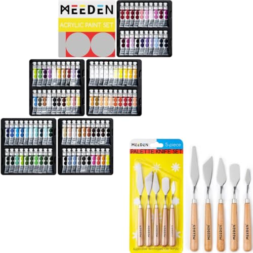 MEEDEN 100 Colors Heavy Body Acrylic Paint Set and 5Pcs Palette Knife Set, Non-toxic 0.41 fl Oz /12ml Tubes for Adults, Beginners