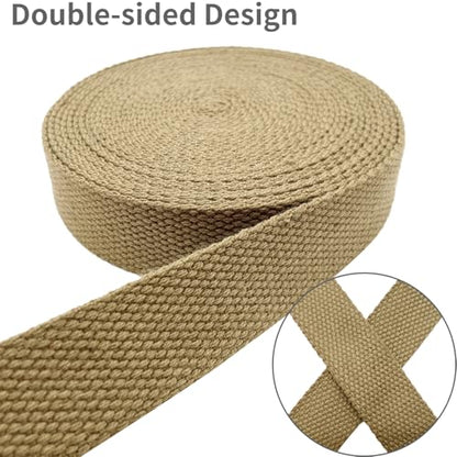 Heavy‑Duty Cotton Webbing Strap 1''x6yds Khaki for Bags | 2mm thick webbing for dog collars, backpack, bag handles, apron straps, slings, sewing repairs & DIY craft projects. - color: Khaki