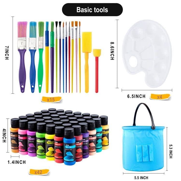 JOYIN Washable Tempera Paint Set for Kids 42PCS, Non Toxic Liquid Paint with 15 Brushes and 4 Palettes - Art Supply for Kids for Arts and Crafts Project, Finger Painting (2 oz Each), School Project Art Supplies - size: 2 Fl Oz (Pack of 42)