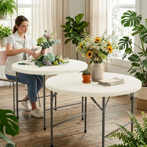 Round Fitted Tablecloth with Elastic-Spandex Table Covers 60 Inch Cream | 2 Pack Spandex Stretch Windproof Washable Round Folding Banquet Tablecloths 5ft-Party Event Outdoor Wedding Trade Show Dining - color: Cream, size: 60'' Round | 2 Pack