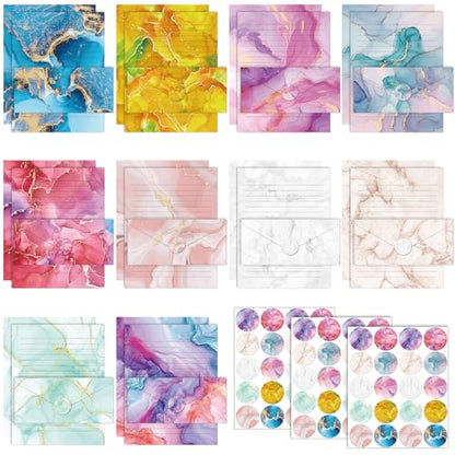 TaoBary 160 Pcs Stationery Paper Set 50 Double Sided Stationery Papers with 50 Matching Envelopes and 60 Round Dot Sticker, 10 Design(Marble,8.5 x 11 Inch) - size: 8.5 x 11 Inch, style: Marble