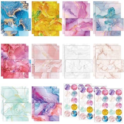 TaoBary 160 Pcs Stationery Paper Set 50 Double Sided Stationery Papers with 50 Matching Envelopes and 60 Round Dot Sticker, 10 Design(Marble,8.5 x 11 Inch) - size: 8.5 x 11 Inch, style: Marble