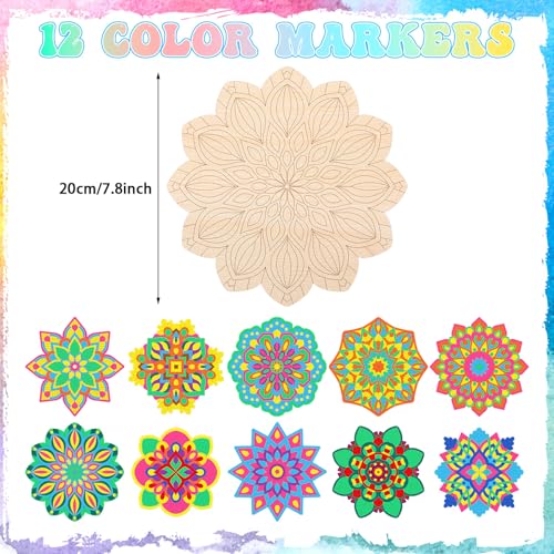 Vercraft 22 Pcsdiy Wooden Mandala Art Set 10 Cutouts 12 Markers, Floral