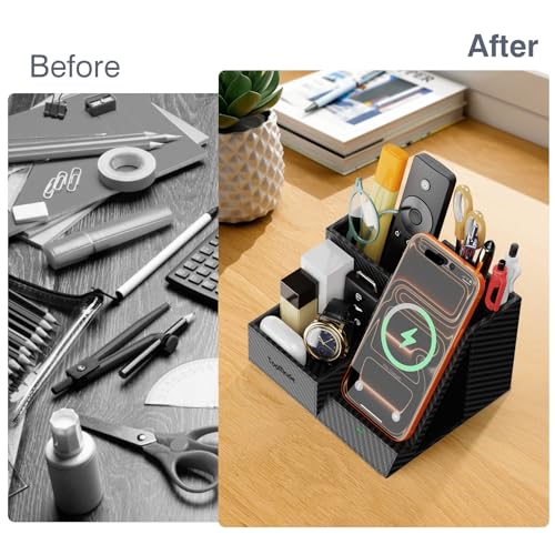 TopMade Wireless Charger Nightstand Organizer, Multi-Functional Pen/Pencil/Remote Holder for Desk, Leather Desktop Organizers, Home Office Supplies Fast Phone Charging Stand, Black Carbon Fiber - color: Black Carbon Fiber