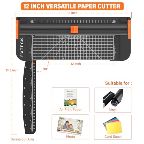 Evteck A4 Paper Cutter Slider Trimmer for Cardstock Photo Vinyl | 12 Inch, with Security Blade and Foldable Ruler, for Crafting Scrapbooking - color: Black