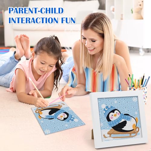 Leixonl Diamond Art Kits for Kids with Framed (7 in) Cartoon Animals DIY Gem Art Painting - Arts & Crafts Gifts for Beginners & Teens (Penguin) - color: Penguin