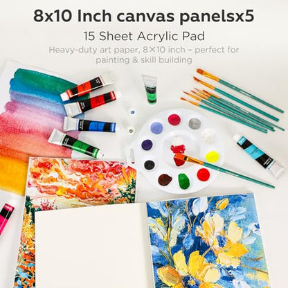 Acrylic Paint Set, Art Painting Supplies Kit with 24 Colors Acrylic Paints (22ML),Wooden Table Easel,Canvas,Painting Pads,10 Paint Brushes & Etc for Students, Artists and Beginner