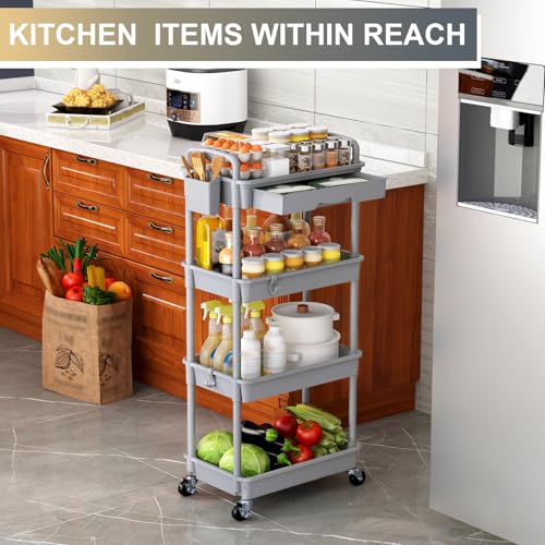 Goovilla 4 Tier Rolling Utility Cart Organizer with Removable Drawer, Grey | Stable and Sturdy Rolling Storage Carts with 2 Lockable Wheels for Bathroom, Kitchen, Snack, Craft, Makeup, Baby Essentials - size: 4 Tier, style: Gray