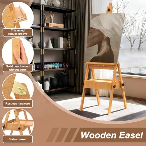Large Beech Wood H-Frame Easel, Professional Painting Easel with 2 Palette - color: Natural