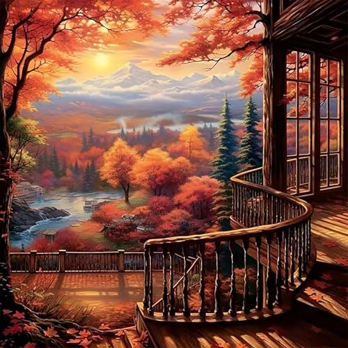 LKHMVCA Fall Forest Sunrise Mountain Paint by Numbers Kit for Adults, DIY Paint by Numbers Kits for Adults Beginners Without Frame, Acrylic Paint Canvas Painting Kits Art for Home Decor 16x16 Inch - color: Fall Landscape