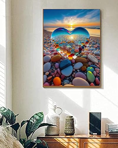TOCARE Paint by Numbers Kit for Adults Beach Sunset, Acrylic Adult Paint by Number Sunset with Crystal Heart 16x20inch Gift for Valentines'Day - color: Sea Crystal Heart
