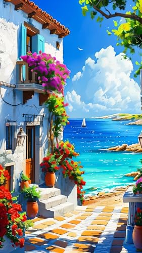 ARTGOTO Mediterranean Diamond Painting Kit for Adults 15.7 x 27.5 Inch | Large 5D Full Square Drill Diamond Art Kit, Ocean View DIY Gem Art Canvas with 2 Tool Sets, 30% Extra Diamonds - color: AGT012