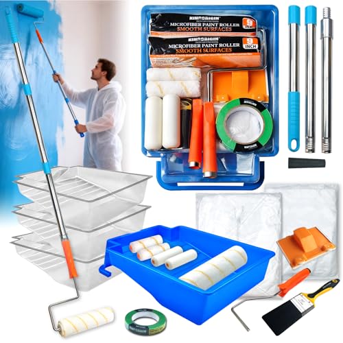 King Origin 20-Piece Paint Roller Kit, Extension Pole (4 ft) | 9" &4" Paint Roller, Paint Tray &Liners, Brush | Paint Kit for Painting Walls | House Painting Supplies - color: 4"&9" Rollers, 20-Pack