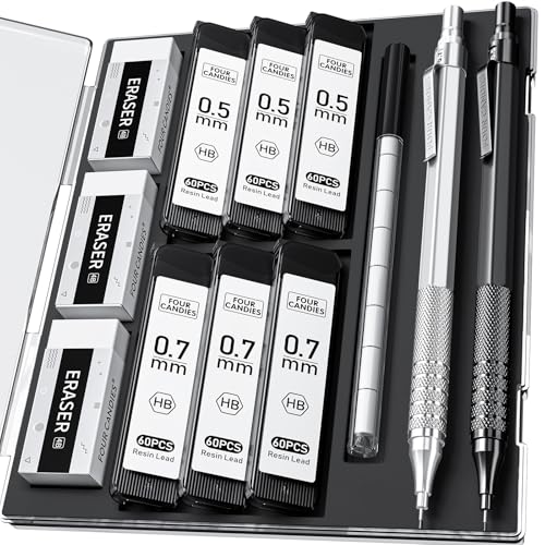 2PCS Metal Mechanical Pencil Set, 0.5mm+0.7mm, Storage Case, Black＆Silver | 360 Lead Refills, 3 Erasers, 9 Eraser Refills, Smooth Writing, Anti Grip, for Sketching, Technical Drawing, Art Projects - color: Silver+Black (2PCS)