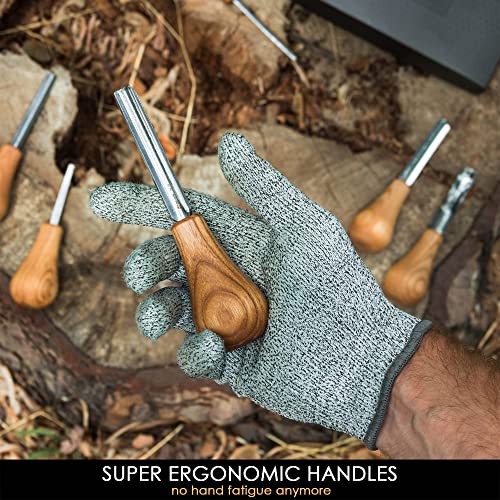 BeaverCraft Wood Carving Gouges Kit SC05 - Wood Carving Chisels Set with Palm Gouge & Flat Straight Chisel, Rounded Short Bent, V-chisels - Whittling Knives, Tools for Beginners and Profi Carvers