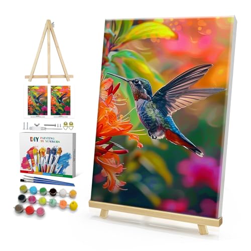 HeeBenor Framed Paint by Numbers Kit for Adults, Hummingbird Paint by Numbers Kit for Adults with Easel, DIY Flower Bird Paint by Number with Frame, Adult Paint by Number Kits Framed Canvas 8x12 Inch - color: Hummingbird 009