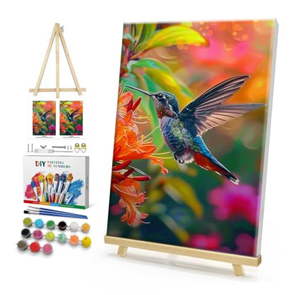 HeeBenor Framed Paint by Numbers Kit for Adults, Hummingbird Paint by Numbers Kit for Adults with Easel, DIY Flower Bird Paint by Number with Frame, Adult Paint by Number Kits Framed Canvas 8x12 Inch - color: Hummingbird 009