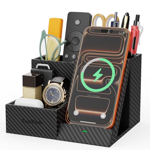 TopMade Wireless Charger Nightstand Organizer, Multi-Functional Pen/Pencil/Remote Holder for Desk, Leather Desktop Organizers, Home Office Supplies Fast Phone Charging Stand, Black Carbon Fiber - color: Black Carbon Fiber