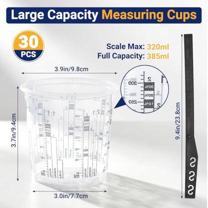 30 Pack 10oz 320ml Clear Plastic Paint Mixing Cups with 30 Stir Sticks - Disposable Graduated Measuring Cups for Paint, Resin & Epoxy with ML Scale & 3-Column Ratios (1:1-7:1) for DIY Crafts - size: 10oz / 320ml