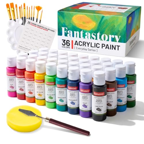 Fantastory 60ml 36 Colors Acrylic Paint Set with 12 Brushes | with 12 Brushes, Chart, Palette, Scraper, Sponge - 3 Metallic, Non-Toxic, Waterproof for Wood, Rock, Canvas, Clay, DIY, 3D - style: 36 popular Colors