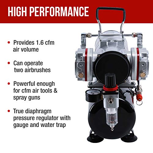 Master Airbrush TC-828 Airbrush Compressor with Tank- 1/4 HP Twin Cylinder, 3L Air Tank, 46L/Min Flow, Dual Air Brush Support, True Diaphragm Regulator, Portable - Ideal for Artists, Studios - style: Dual Piston with Tank