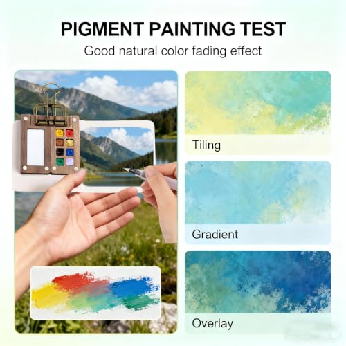 Mini Watercolor Paint Set, Portable Travel Watercolor Palette with 12 Colors, 3 Brushes, Picture Album & Binder Clips, 8-Grid Wooden Pocket Paint Box